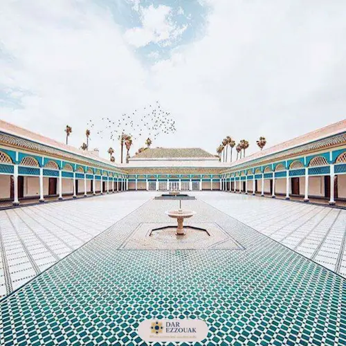 Bahia Palace courtyard with zellige tiles and carved cedar