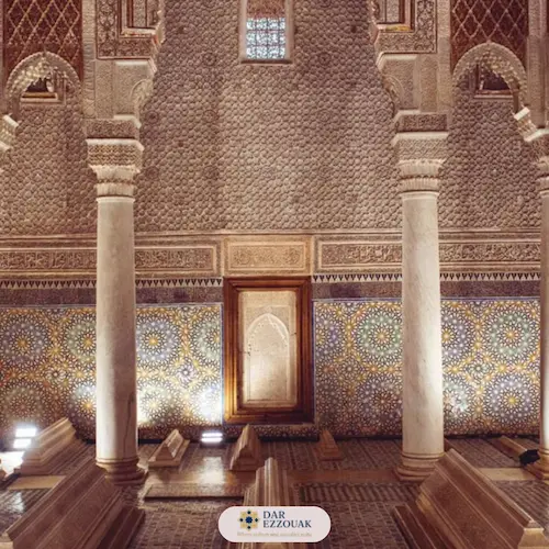 Saadian Tombs chamber with marble columns and ornate stucco